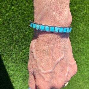 Vintage Zuni style inlaid turquoise and silver cuff bracelet